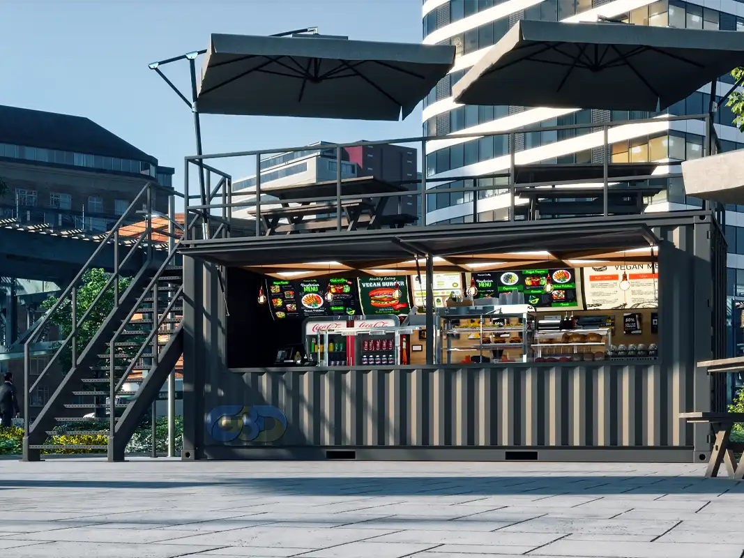 MakeItSmart® sfeerbeeld visualisatie omgebouwde container unit vegen eetbar met vaste trap naar terras